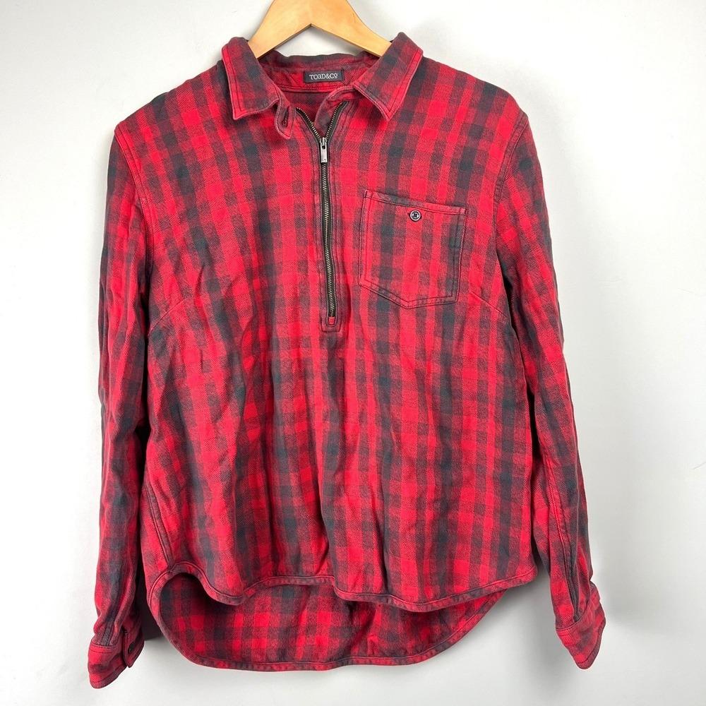 Toad&Co Womens Red Black Buffalo Plaid Organic Cotton 1/4 Zip Flannel Shirt L